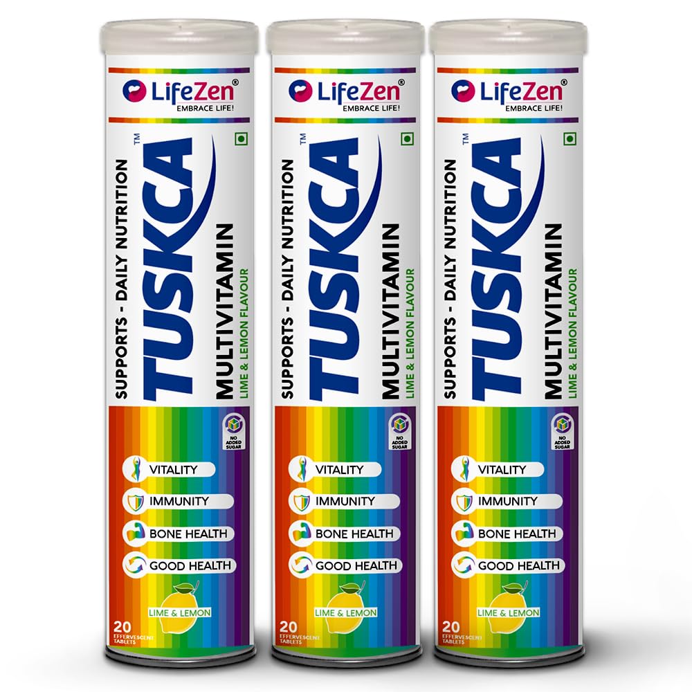 Tuskca Multivitamin For Good Health, Immunity, Bone Health, Stay Active & Energetic | 20 Effervescent Tablets (Pack of 3) Lime & Lemon Flavour