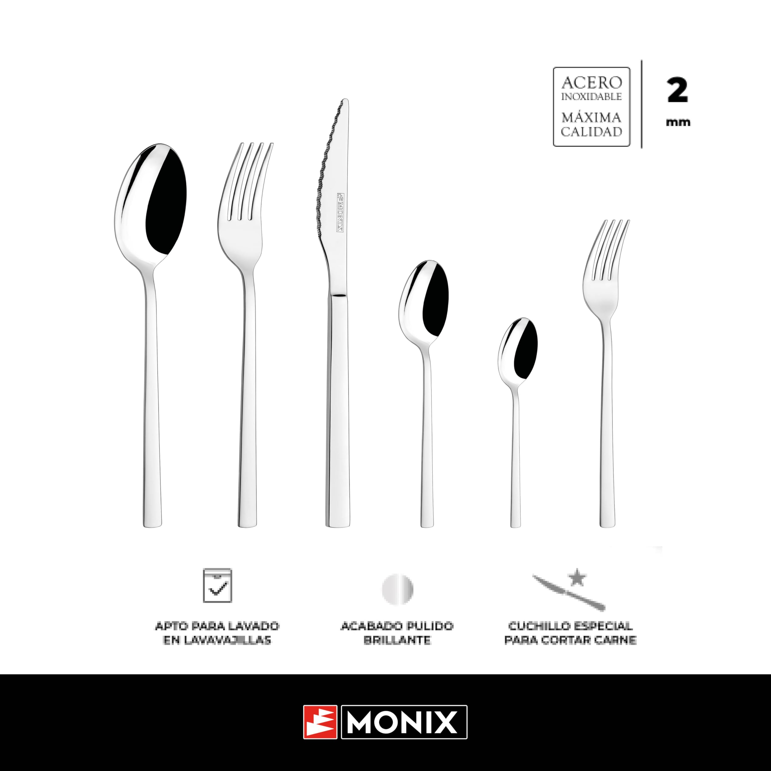 MONIX Amalfi | Set 24 piezas de cubiertos con cuchillo chuletero, Acero Inoxidable 18/0, Acabado Pulido, Apto para Lavavajillas