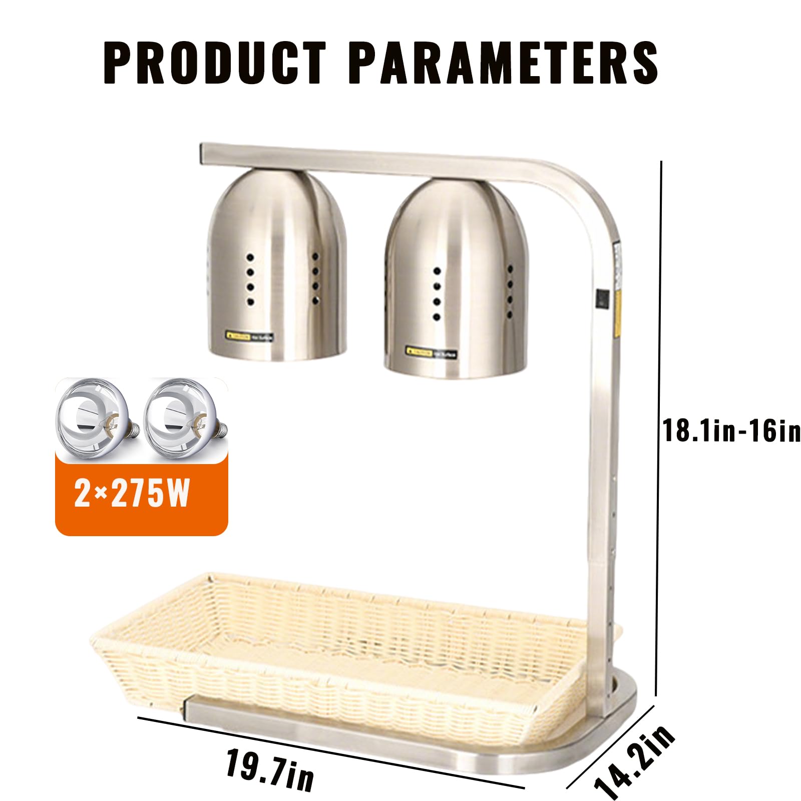 Lámpara de calor portátil comercial Calentador de alimentos de 2 bombillas Independiente, lámpara de calefacción de buffet de metal de 550 W y luz de calentamiento para restaurante buffet,Plata