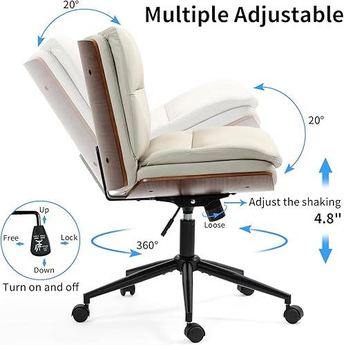 Miniatura 4 de LONWIK Silla de escritorio de oficina ancha sin brazos con ruedas, silla de tocador de tela moderna, silla de tareas giratoria ajustable, silla
