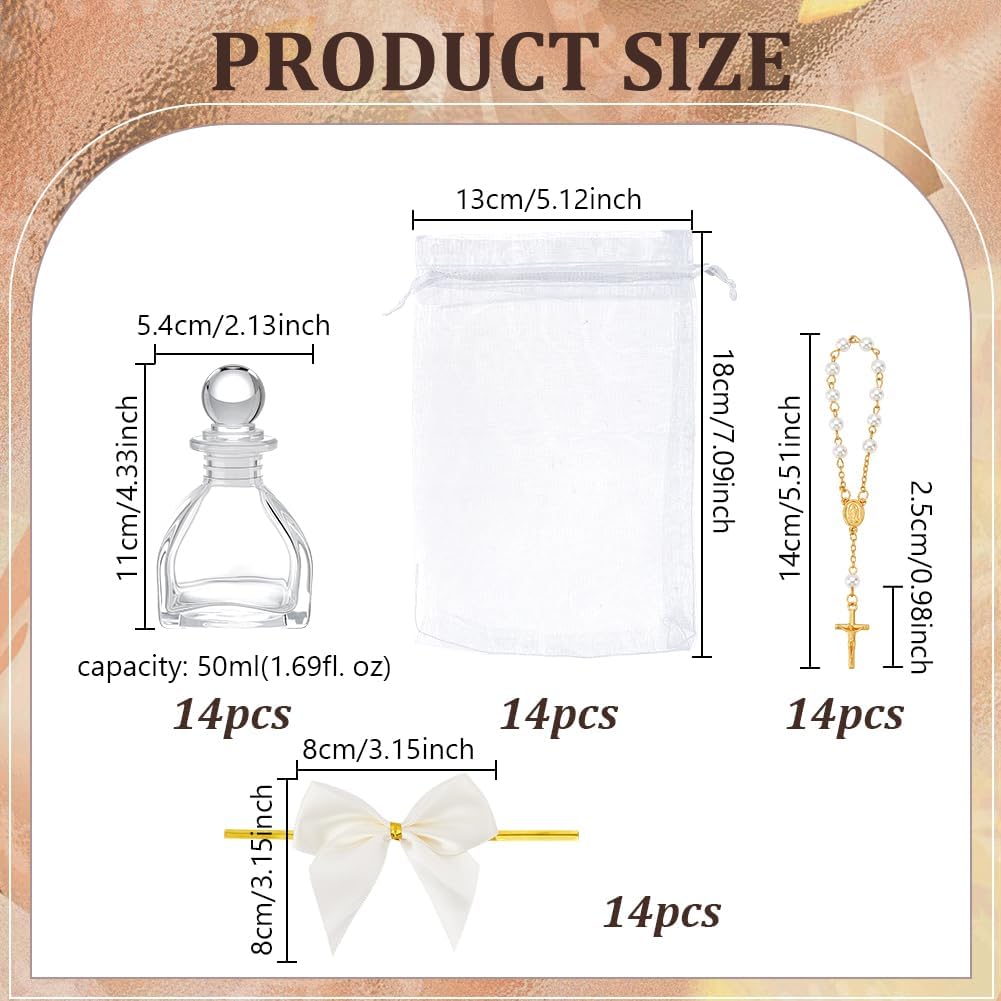 AHANDMAKER 14 Sets Holy Bottle Baptism Favors with Cross Rosary Bowknot and Organza Bag 50ml Holy Water Container Empty Glass Bottles for Church Wedding Baptism Decorations Communion Gifts