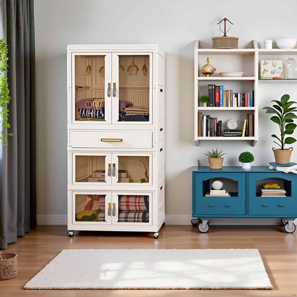 Kunststoff-Klappschrank mit Magnettüren und Rollen, 1 Aufhängung und 3 Aufbewahrungsplätze, 64x41x161,5 cm, Stabile und robuste Mehrzweckschränke für Zuhause und Büros