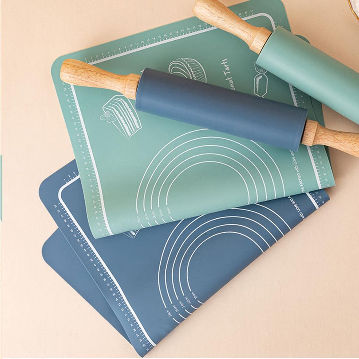 Tapis de Pétrissage en Silicone Set 3 Pièces Tapis de Pâtisserie avec Mesure Rouleau à Pâtisserie Cutter Compteur Large Gâteau Cuisson Pâte à Biscuits Tapis-Chine, Bleu Ensemble