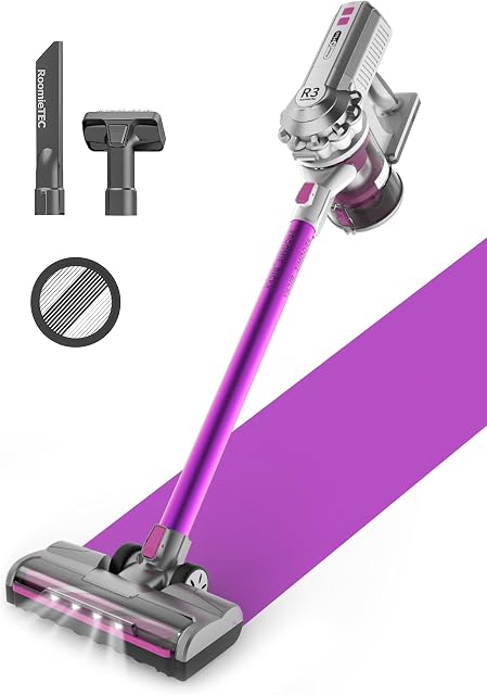 Aspirateur à bâton sans fil ROOMIE TEC R3, puissance d'aspiration inaltérable pour sol et tapis, autonomie de batterie puissante jusqu'à 43 min, sans sac, grande capacité, rouleau extra large, phares LED et filtration HEPA