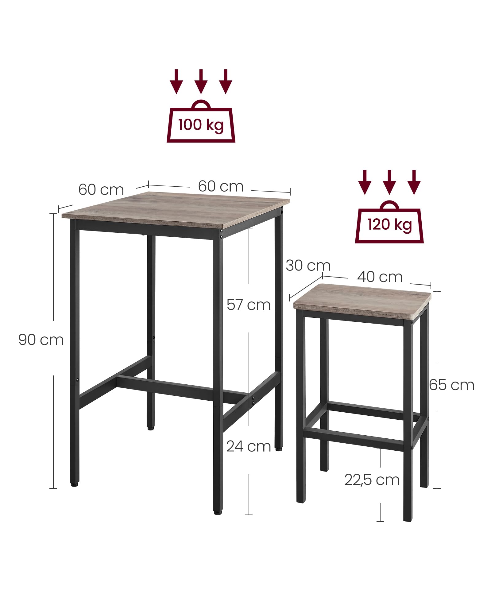 VASAGLE Ensemble Table de Bar avec Tabourets, Table à Manger avec 2 Chaises, Petite Table de Cuisine, Chaises de Bar, pour Salle à Manger, Cuisine, Grège Chiné et Noir d'encre LBT017B02