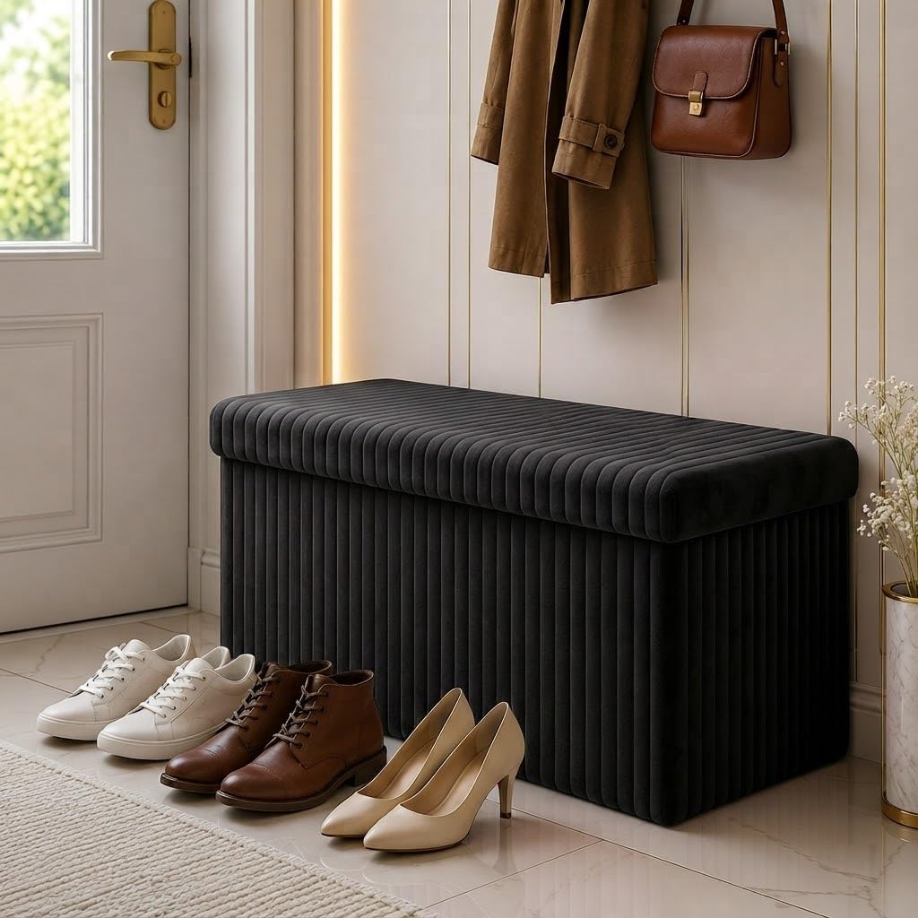 Ribbed Velvet Storage Ottoman Box – Foldable, Stylish & Multi-Purpose Seat with Lid Bedroom, Living Room, Entryway (Black)