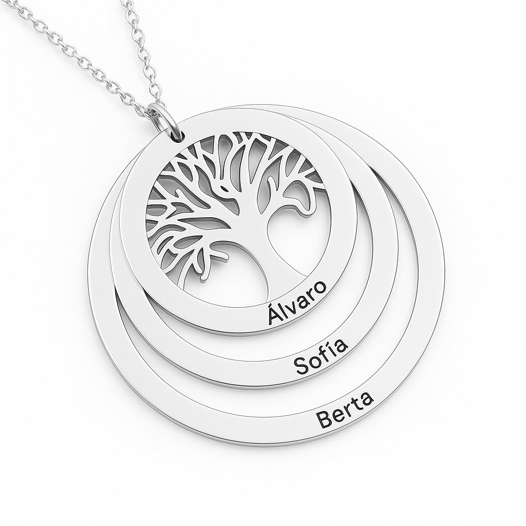 Colgante de Plata Personalizado con Árbol de la Vida y Nombres Grabados - Collar con hasta 3 Aros para Familia - Joyería Simbólica para Madres y Abuelas