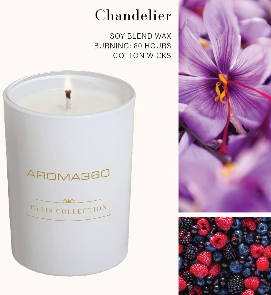Aroma360 - Chandelier - Paris Collection - 3 Piece Set - Scented Candle, Reed Diffuser & Room Spray - Hints of Bergamot, Sweet Berry, Jasmine, Saffron - Aromatherapy - Essential Oil - Home & Office