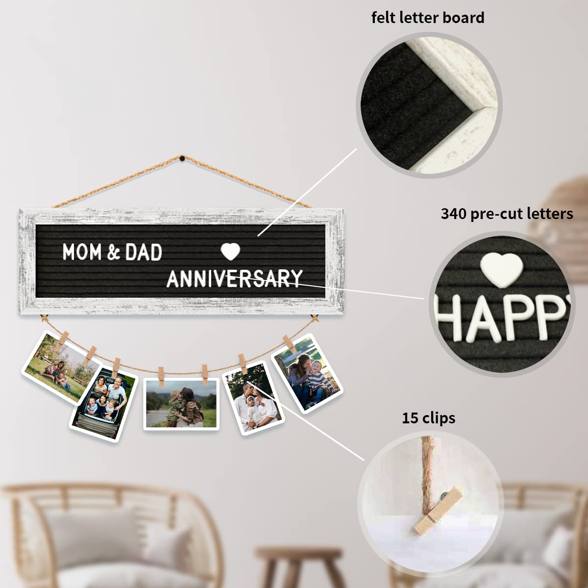 CJIAWYS Marco de fotos para colgar, múltiples marcos de fotos Polaroid, decoración de pared, tablero de letras de fieltro con 340 letras y 15 clips, juego de marco de collage para Navidad, vacaciones