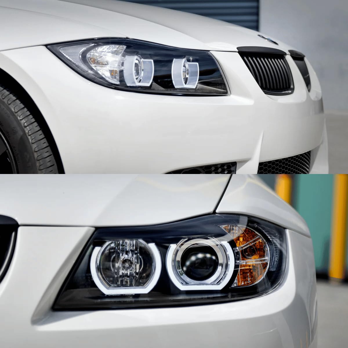 Xenon Scheinwerfer Set Schwarz für BMW 3er E90 Limousine & E91 Touring 2005–2008 | 3D Angel Eyes | D1S