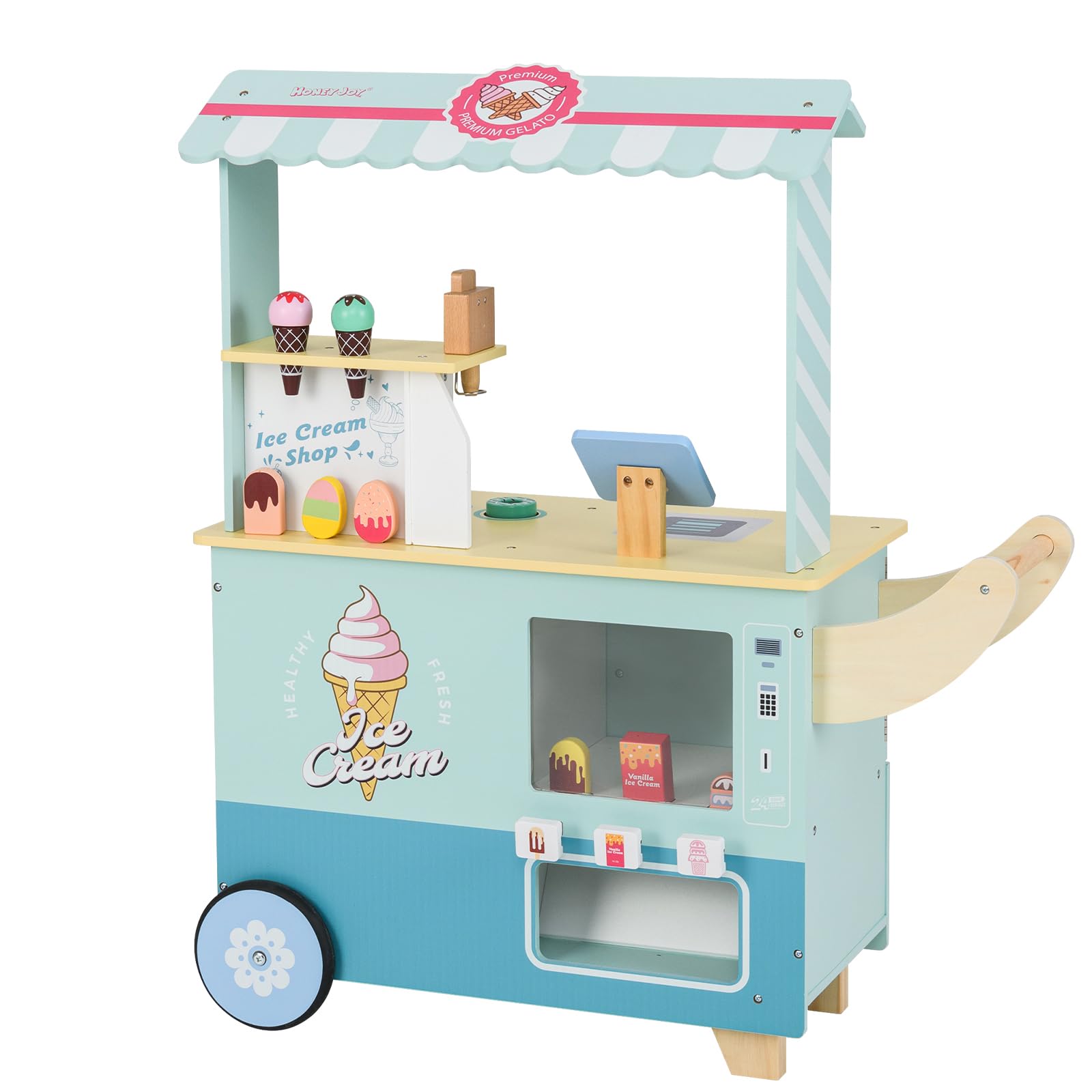 DREAMADE Kinder Eiswagen mit 15 Zubehör, Kaufladen aus Holz mit 2 Rädern & Markise, Eisstand Einkaufsladen für Kinder ab 3 Jahren (Cyan)