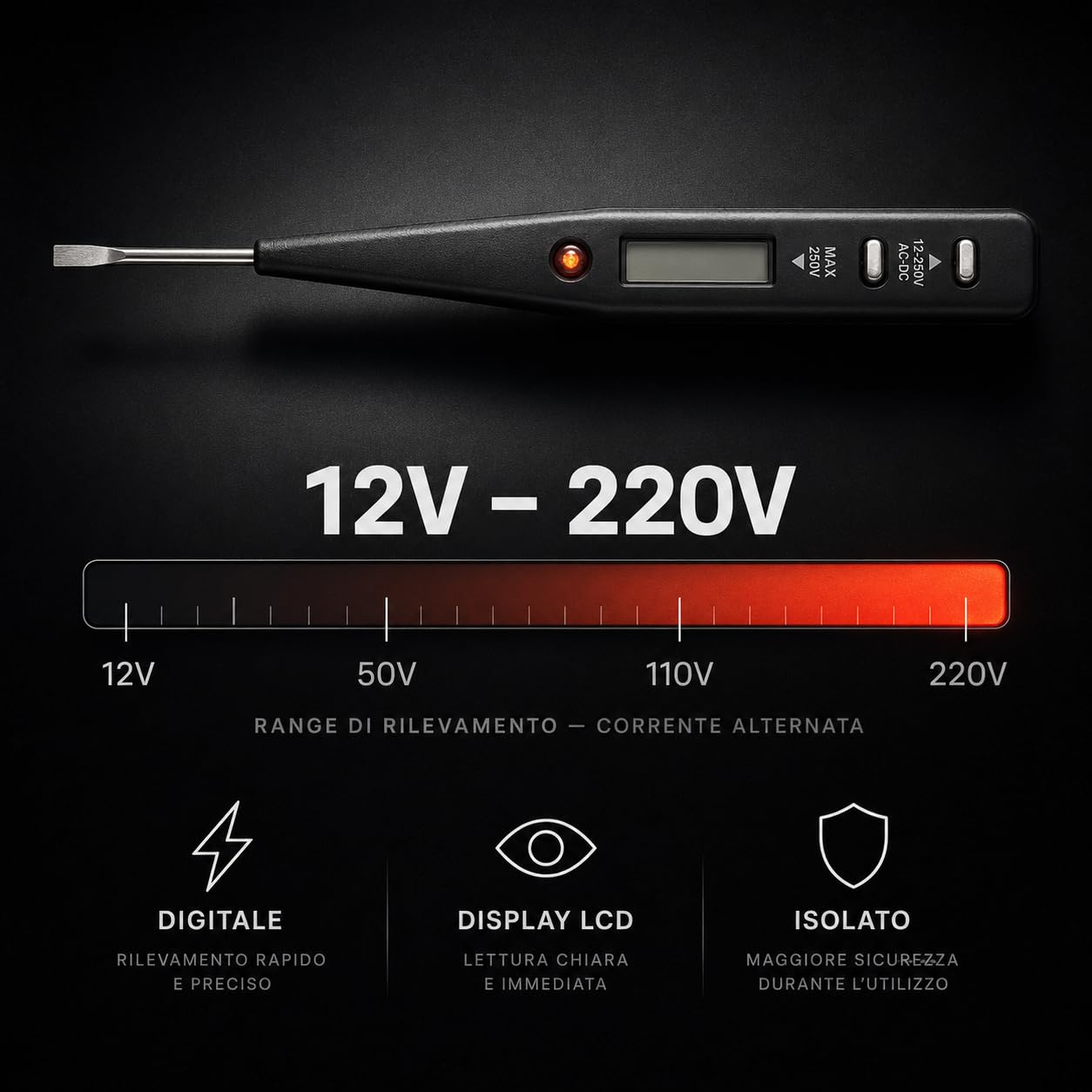 KOMBO - Cacciavite Cercafase Digitale Elettronico 200–250V, Punta Spaccata 135 mm con Display Luminoso – Tester da Elettricista Isolato, Rilevamento da 12V a 220V