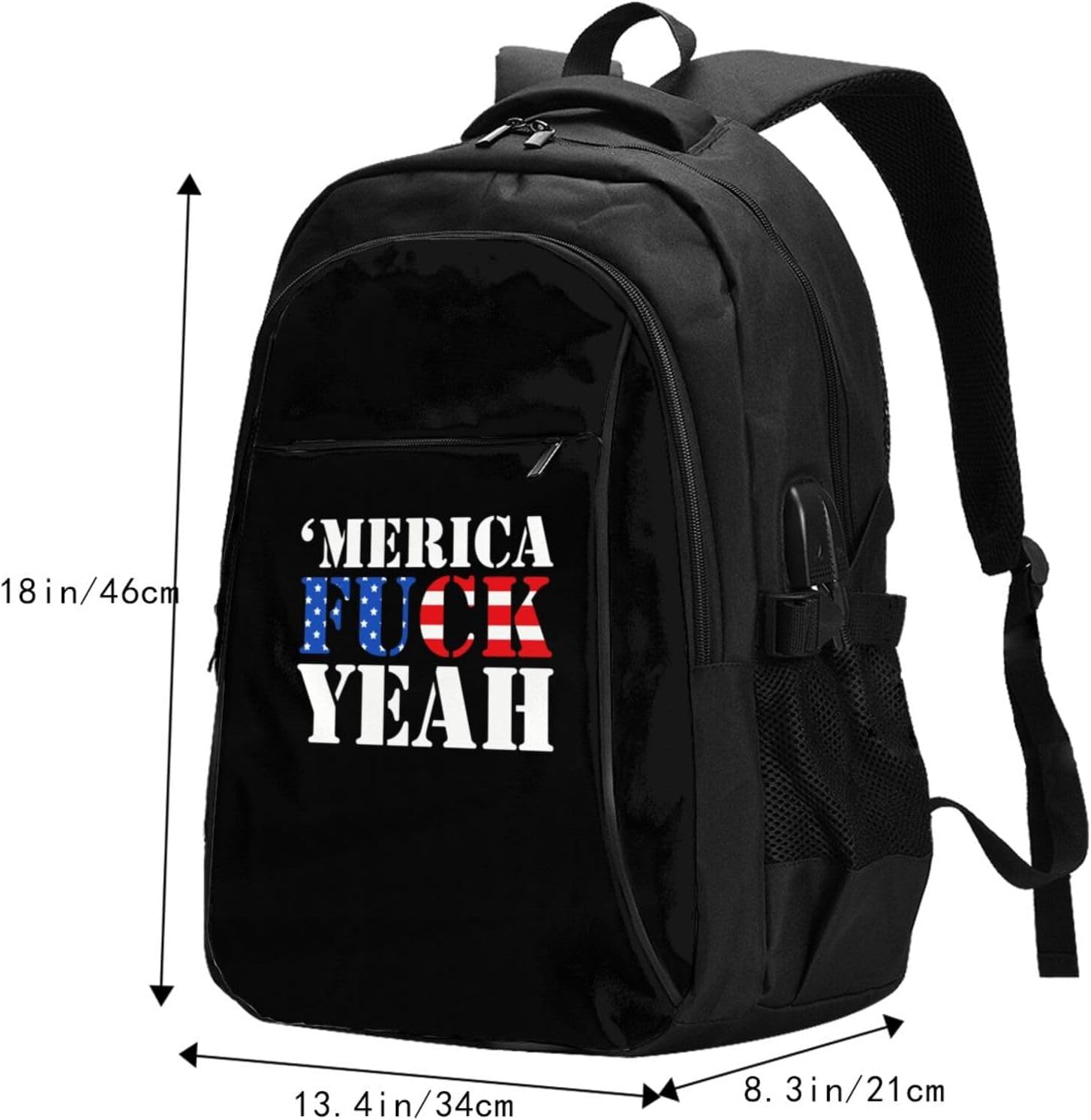 Merica Fuck Yeah Travel Laptop Backpack Bag with USB Charging Port Funny Gift 17 Inch Computer Business Backpacks for Women Men Work College,Casual Daypack,Black image 4