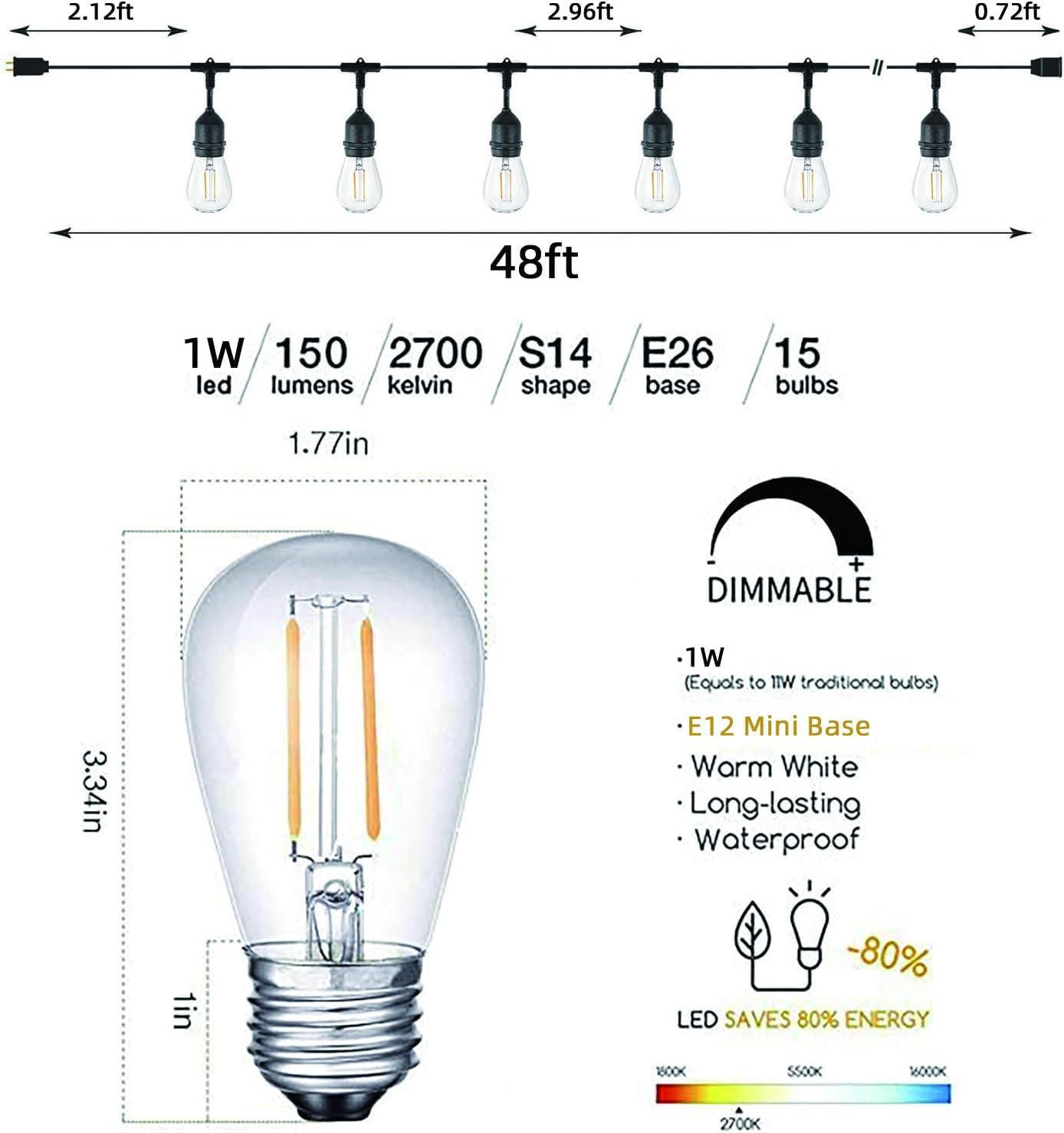 Svater Catena Luminosa Esterno, S14 15 Metri Catena Luci Esterno Giardino con 15 2W Bicchiere Lampadine, Commerciale Impermeabile IP65 Catena Luminosa LED per Gazebo Terrazza Festa, 2700K