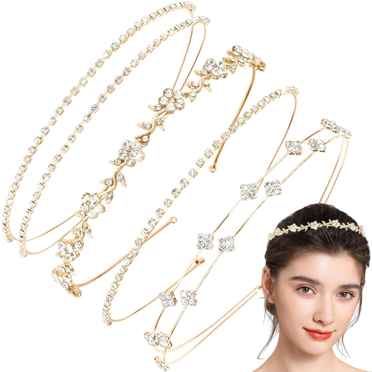 4 PCS Gold Rhinestone Headbands Flower Leaf Tiara Crown Head Thin Headbands Delicate Hair Bands Crystal Prom Headpiece Bridal Tiara Wedding Hair Accessories for Women Girls