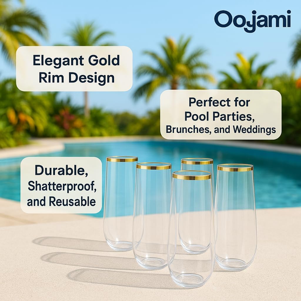 Oojami 24 piece pack 9 oz Champagne Flutes Stemless Disposable cups Unbreakable Crystal Clear Plastic Mimosa Glasses Set of 24 ideal for Wedding Birthday (9 Ounce - Gold Rim) - Image 5