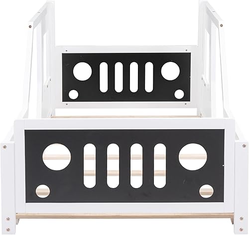 Miniatura 106 de Cama de plataforma clásica en forma de automóvil con ruedas, cama de automóvil de tamaño matrimonial con soporte de listones de madera, marco de