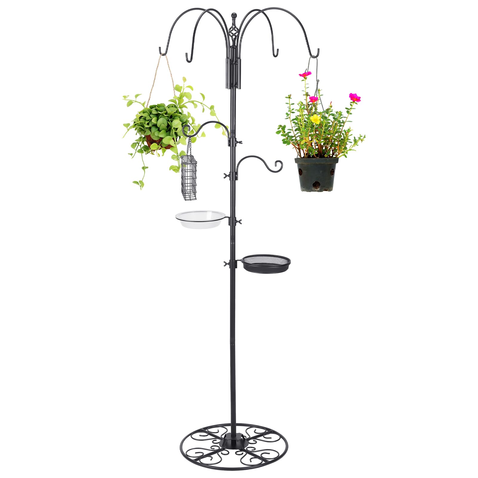 adjustable shepherd hook stand, 34"- 55" black iron shepherd hook with base for plant hanging, wind chime & bird feeder - outdoor garden porch decoration(elegant style)
