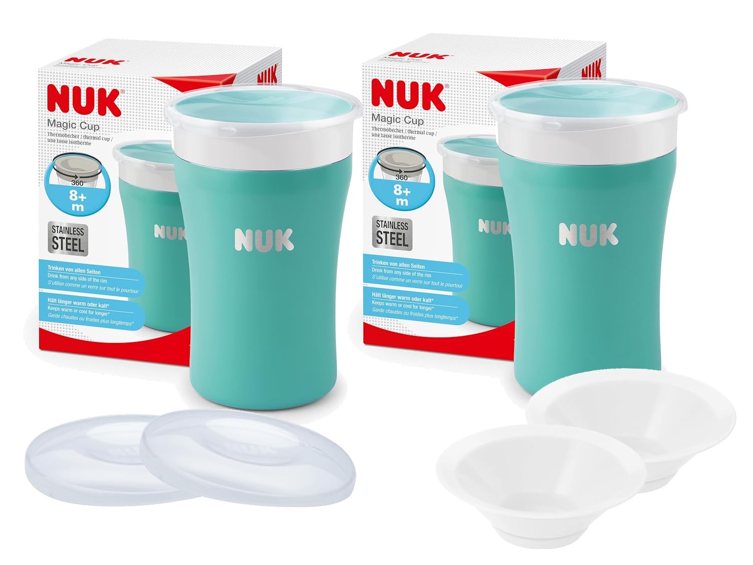 NUK Magic Cup Edelstahl Set – 2x Trinkbecher Türkis 230ml + 2 Ersatzdeckel & 2 Trinktüllen – Bruchsicher, isolierend, BPA-frei, Trinklernbecher für unterwegs