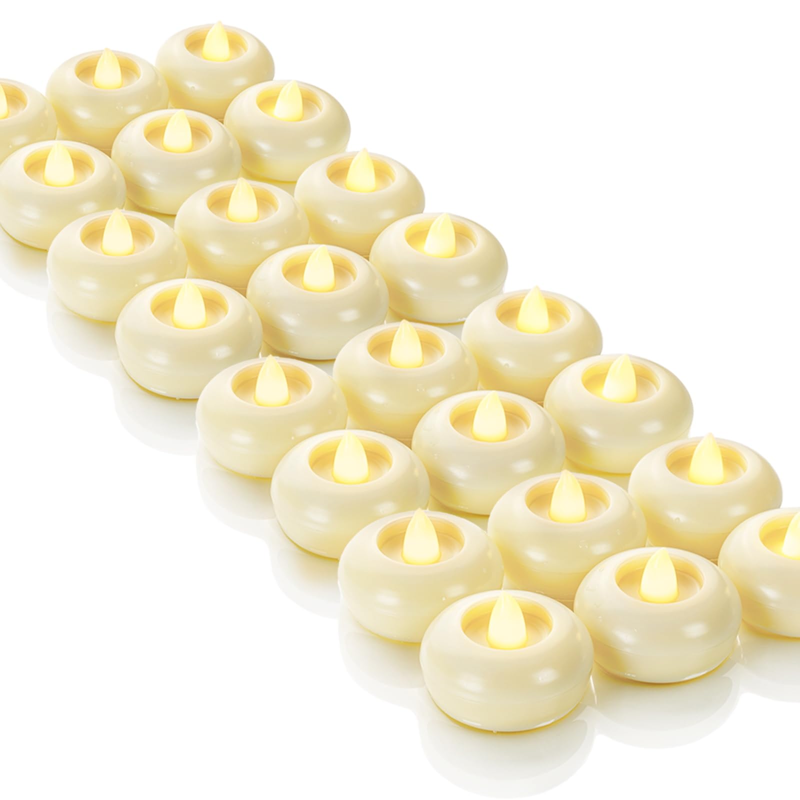 Homemory 24 Pack 2” Flameless Led Floating Candles, 100+ Hour Battery Operated Flickering Waterproof Tealights for Cylinder Vases, Centerpieces at Wedding, Party, Pool, Holiday (Ivory Base)