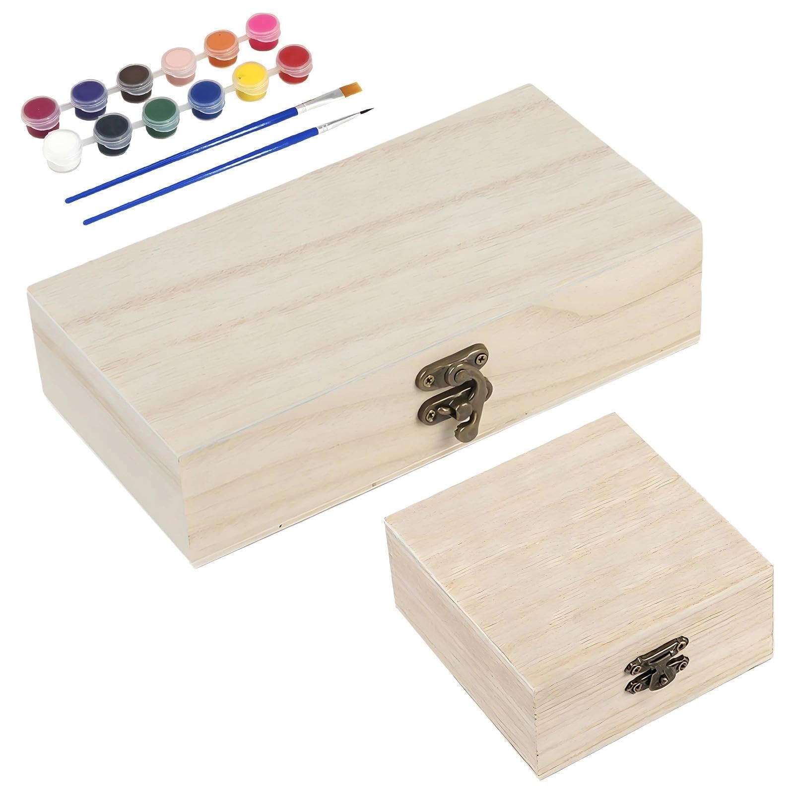 Yshodgu Wood 2Pcs Unfinished En Box With Lid, Small En Box With Hinged Lid & Locking Clasp, Pine Small Crate Boxs, Arts And Crafts Storage Box For Home Table Decoration Keepsake