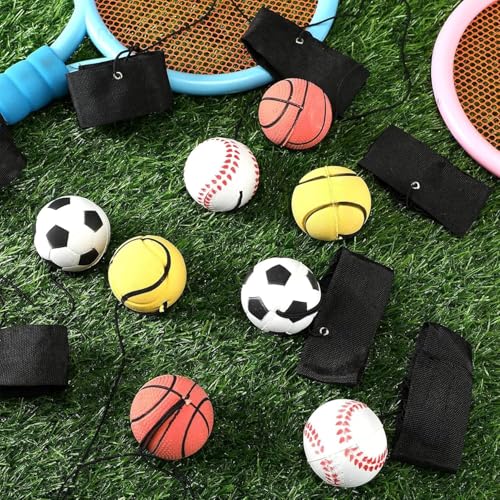 SHSHbuy 4 Stück Springball mit Schnur,Ø 6cm Handgelenk Return Ball,Springball Returnball Flummi Armband Sport Spielzeug für Kinder Erwachsene,Fußball/Basketball/Tennisball/Baseball