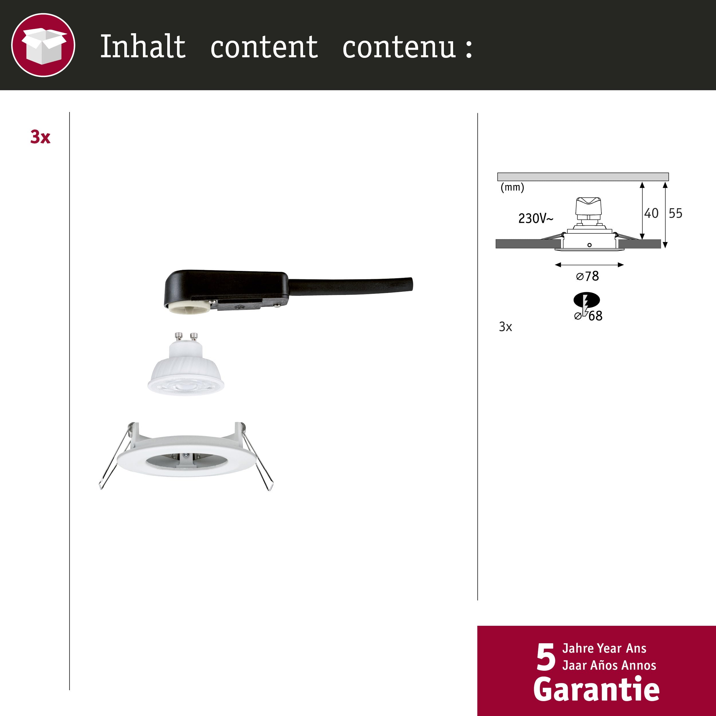 Paulmann Nova GU10 Flat LED Spot encastrés IP44 3x4,9W 3x550lm 230V 2700K blanc dépoli