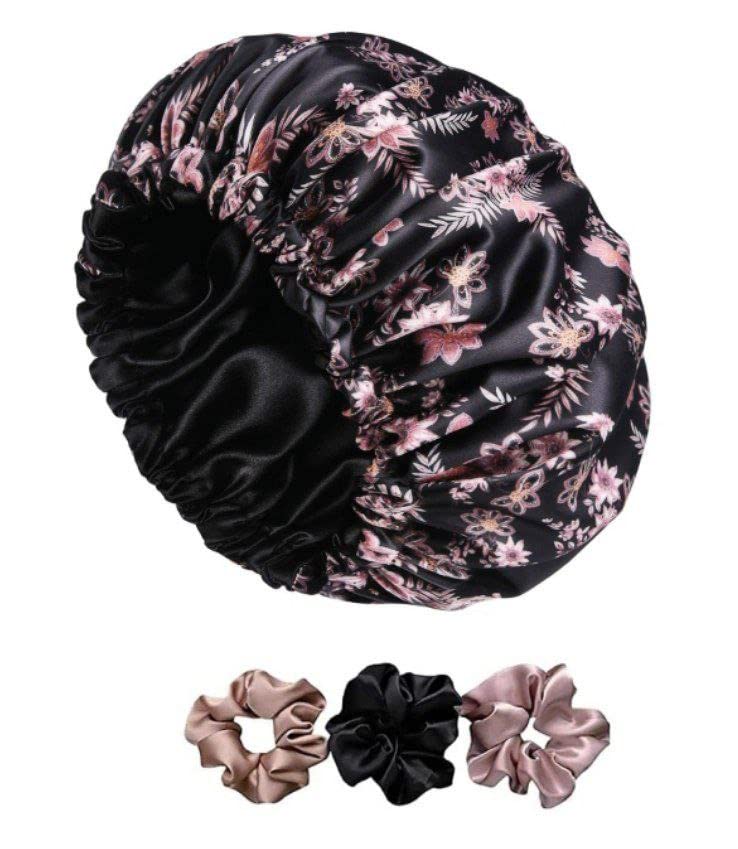 Image of GO WELL Satin Silk Bonnet With 3 Scrunchies, Reversible Cap for Curly Hair, Sleeping, Adjustable Hair Wrap (Black Flower)