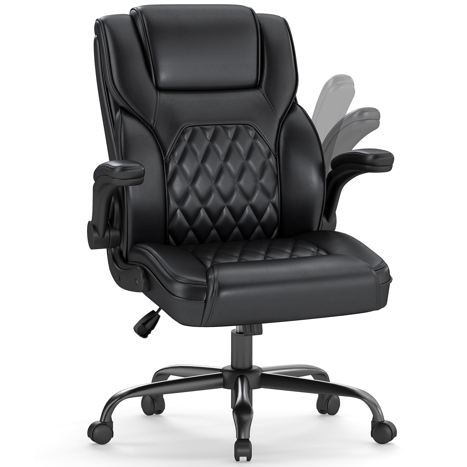 AnyGod Executive Office Chair,Ergonomic Desk Chair with Lumbar Support,High Back Swivel Computer Chair with 90 Degree Flip-Up Armrests,Black Faux Leather Height Adjustable Seating for Home and Study