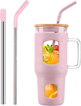 WINSA Glass Tumbler with Straw and Lid, 32 oz Glass Cup with Handle, Glass Water Bottles with Time Marker, 2 Straws - Pearl Straw & Drinking Straw Silicone Protective Sleeve-Pink