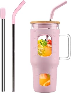 Glass Tumbler with Straw and Lid, 32 oz Glass Cup with Handle, Glass Water Bottles with Time Marker, 2 Straws - Pearl Straw & Drinking Straw Silicone Protective Sleeve-Pink
