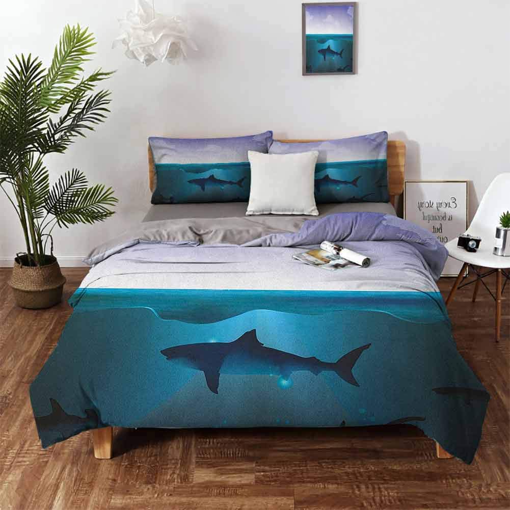 Underwater Bedding Duvet Cover, Wild Sharks Swimming in Sea Atlantic Ocean Peace Clouds Marine Design Bedding Cover Set 3 Piece Set Soft Comfy Breathable - Twin 68"x90" Violet Petrol Blue