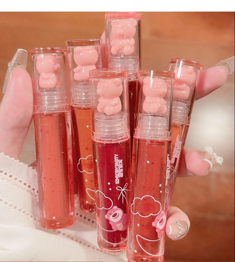 Juego de brillo de labios de oso de 6 colores, esmalte de labios, lápiz labial líquido, lindo oso brillo de labios, tinte de labios hidratante impermeable de larga duración para mejillas, maquillaje 7