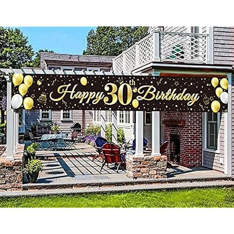 Happy Birthday Banner, 30th Birthday Banner for Birthday Party Decoration, Gold Stars Balloon Birthday Poster Party Photo Booth Backdrop Background Banner for Garden Table Wall Decoration Cover