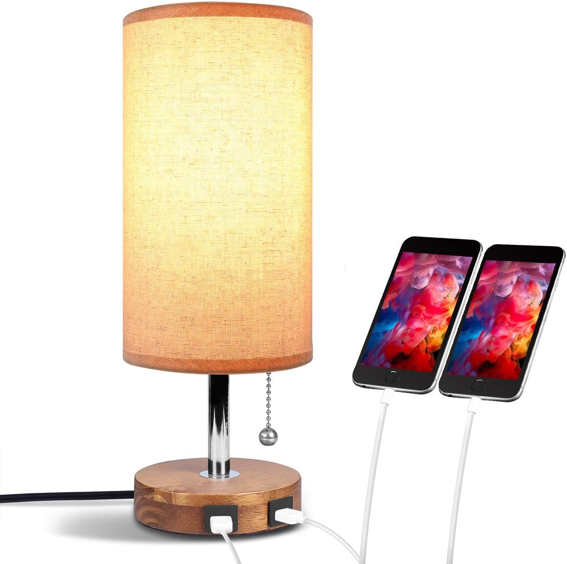 Aooshine USB Bedside Table Lamp, White Wooden Round Table Lamp with Dual USB Charging Port, Modern Minimalist Design for Bedrooms, Living Room, Office