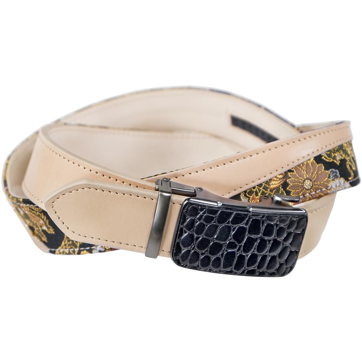 Amazon | [絡繰魂] からくり魂 ベルト 本革 和柄 穴なし オートロック