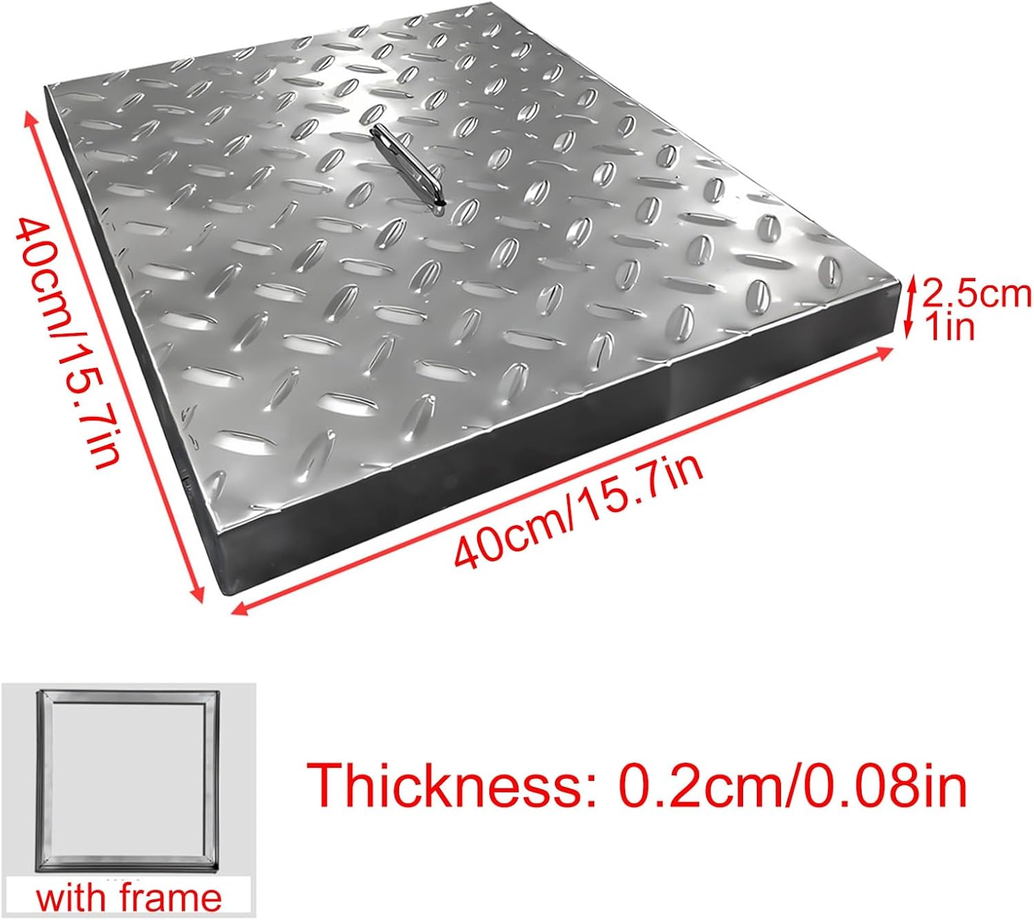Stainless Steel Anti-slip Manhole Cover, Square Drain Cover with Frame and Handle, Sewer Access Cover for Yard Park Garden(40x40x2.5cm/16x16x1in)