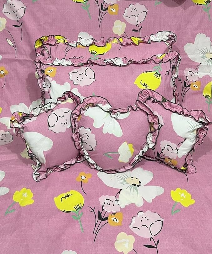 Premium Glace Cotton Home Bedding Set, 6 Piece with Frilly Pillowcases