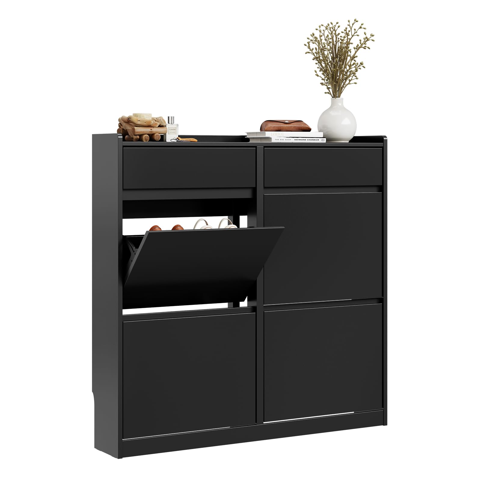 SoBuy Zapatero con 4 Abatibles y 2 Cajones 19 cm Entrada | Gran capacidad de almacenaje, diseño estrecho ideal para pasillo, recibidor y apartamentos pequeños, FSR169-SCH