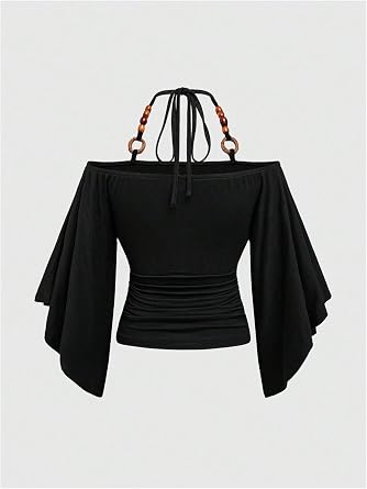 Verdusa Women's Y2k Off Shoulder Halter Top Cinched Waist Going Out Tops