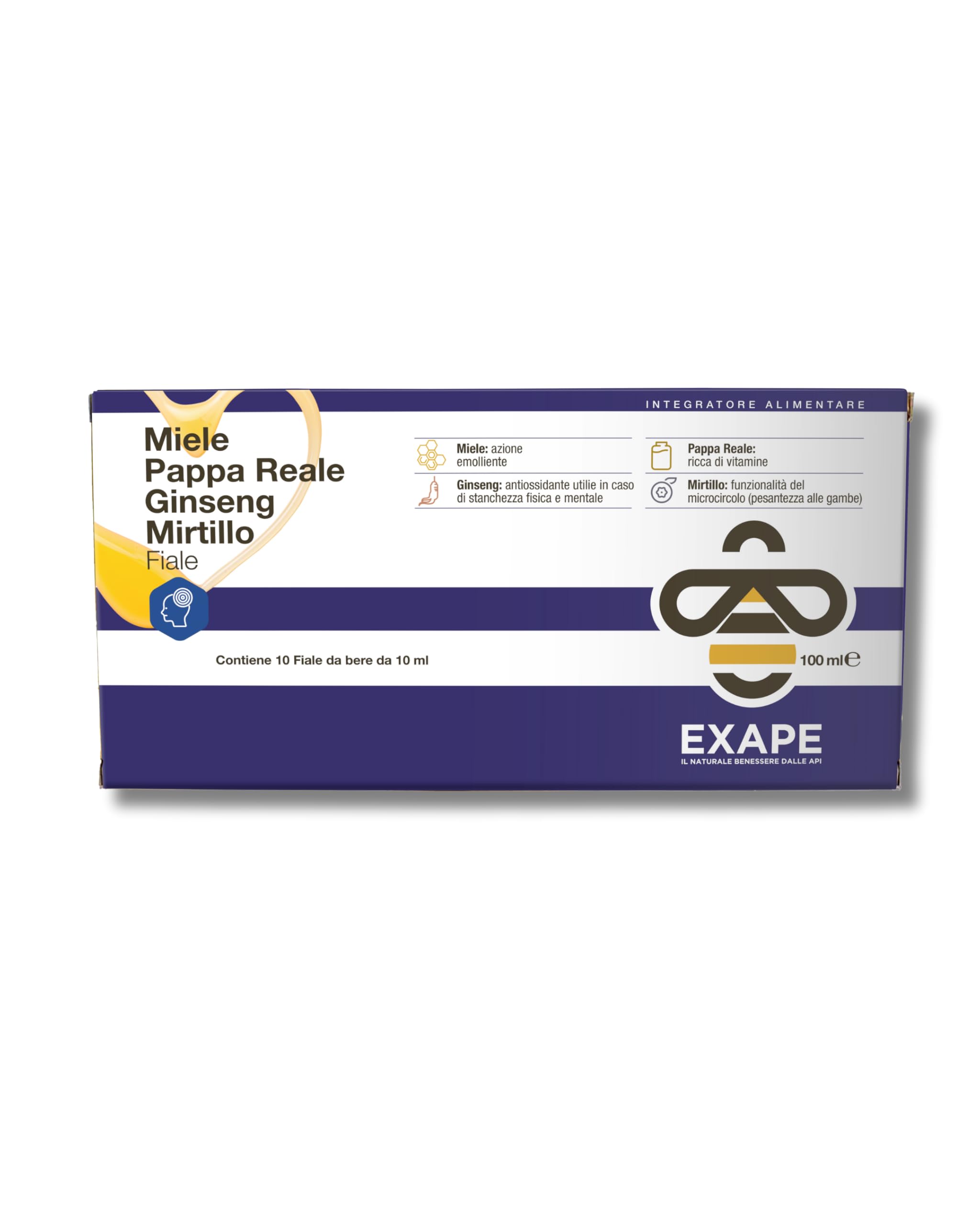 EXAPE - Pappa Reale Fresca Tonico Naturale, Integratore Energetico, Azione Ricostituente e Antiossidante, con Miele 50%, Pappa Reale Fresca, Ginseng, Mirtillo, 10 Flaconcini da 10ml - 2 CONFEZIONI