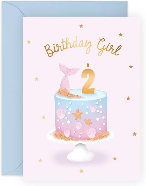 Central 23 Second Birthday Card for Girls - Happy 2nd Birthday Card - Age 2 - Two Year Old - Cute Pastel Pink Blue Mermaid Shells - Kids - Daughter - Granddaughter - Comes With Fun Stickers
