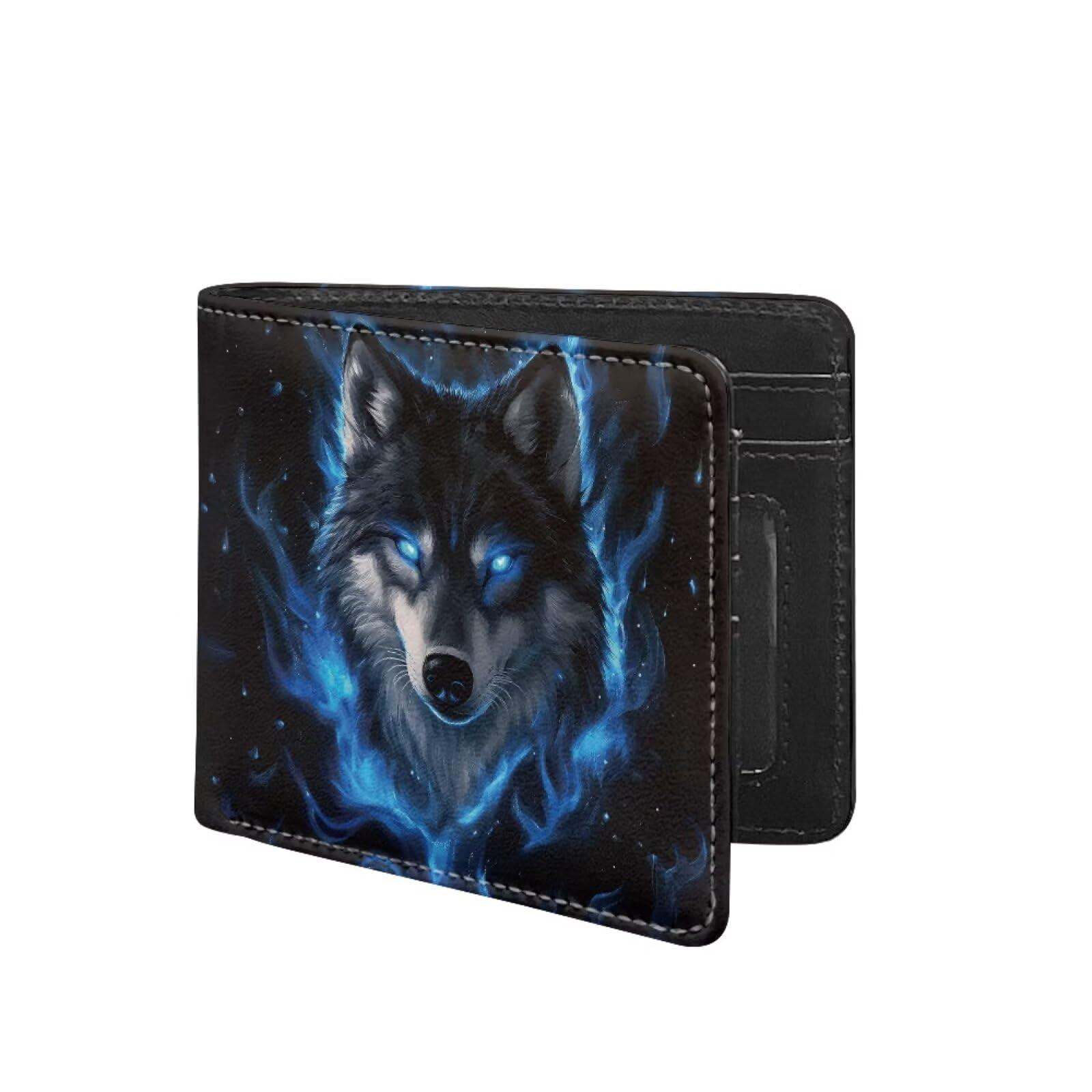 Coldinair Wolf Blue Fire Flame Wallet for Teen Boys Kids Bifold Wallet Purse Leather Credit Card Cash Id Holder Cool Slim Bifold Small Coin Purses