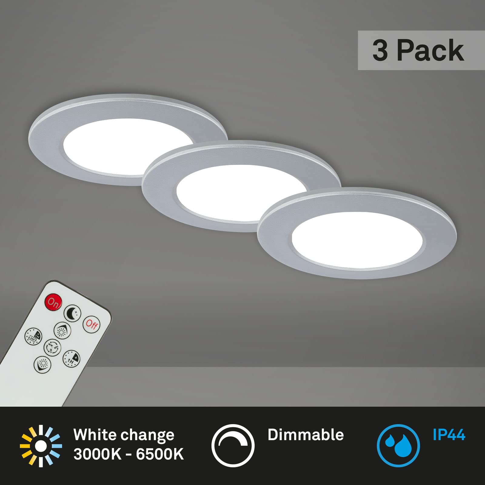 BRILONER - Juego de 3 focos empotrables de LED en el techo, focos empotrables de LED en el baño, focos empotrables en el baño IP44, cromo mate, 92x45 (DxH)