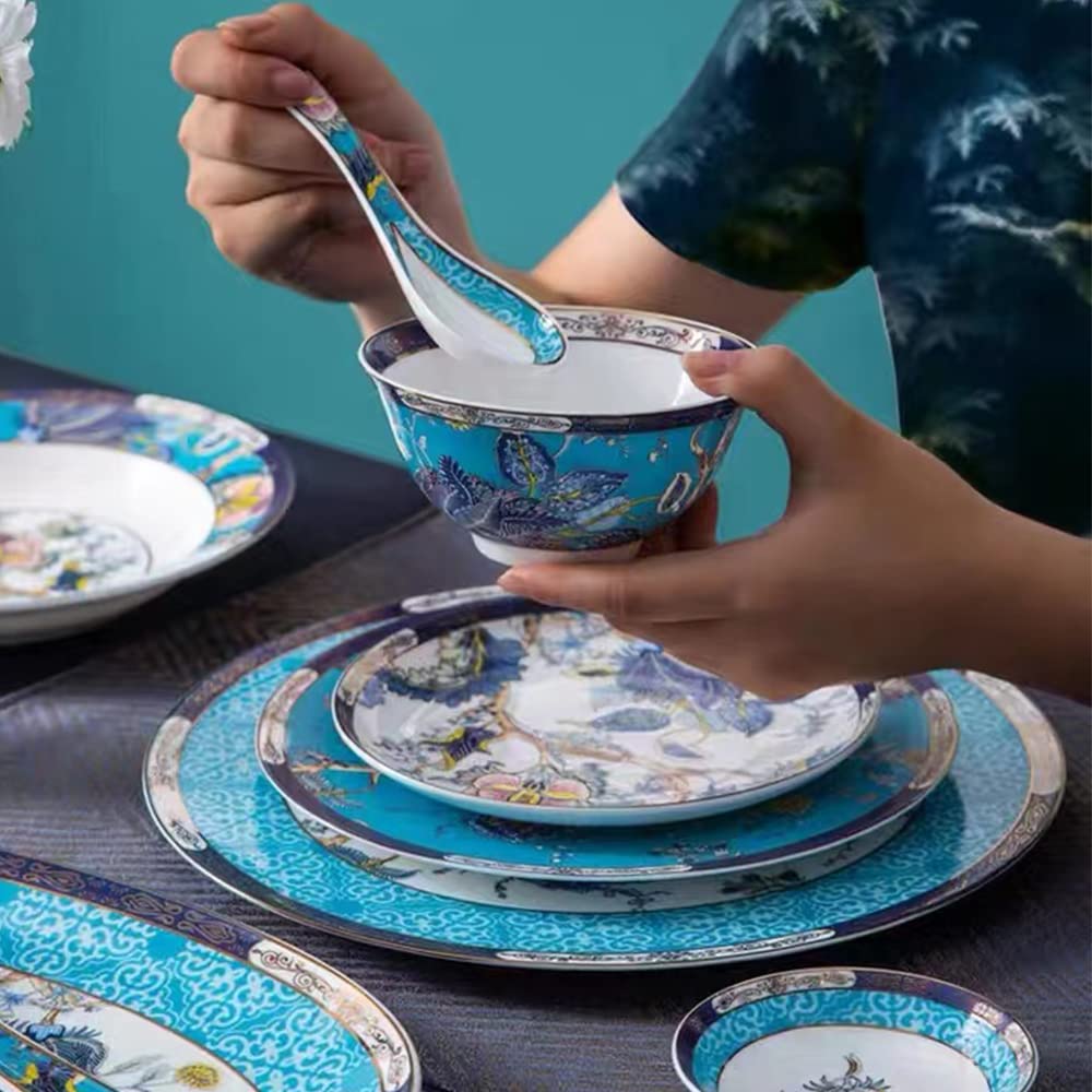 Bone China 12-częściowy delikatny okrągły zestaw naczyń kuchennych, talerze, naczynia, miski, serwis filiżanki do kawy dla 2 osób, styl niebieski
