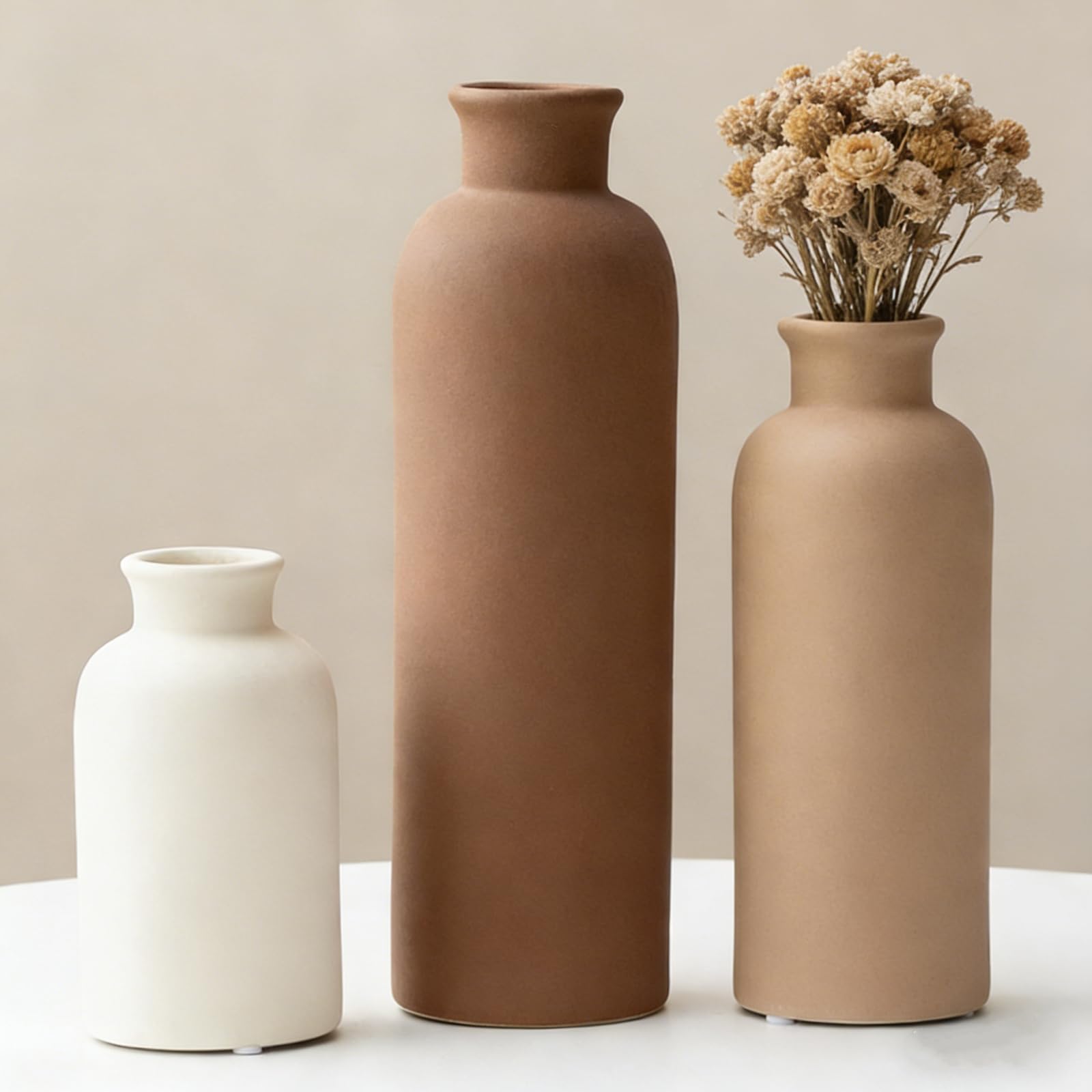 Ceramic Vase Set of 3, Modern Bohemian Farmhouse Home Decor,Modern Farmhouse Decor, for Living Room, Table, Shelf, Entryway. (Multi Brown)