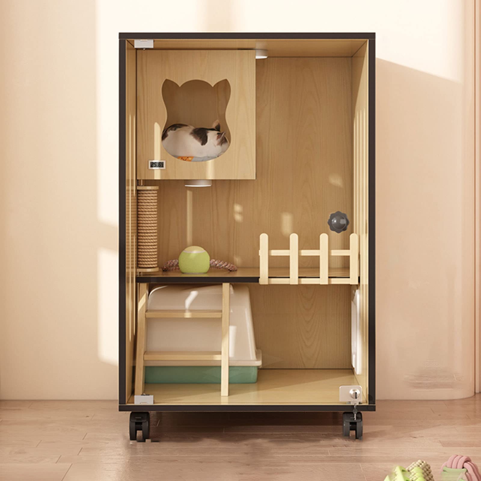 Recinzione per gatti da interno, grande casa per gatti in legno con porte di fuga e ruote, gabbia per gatti chiusa multi-funzione per casa e negozio di animali domestici