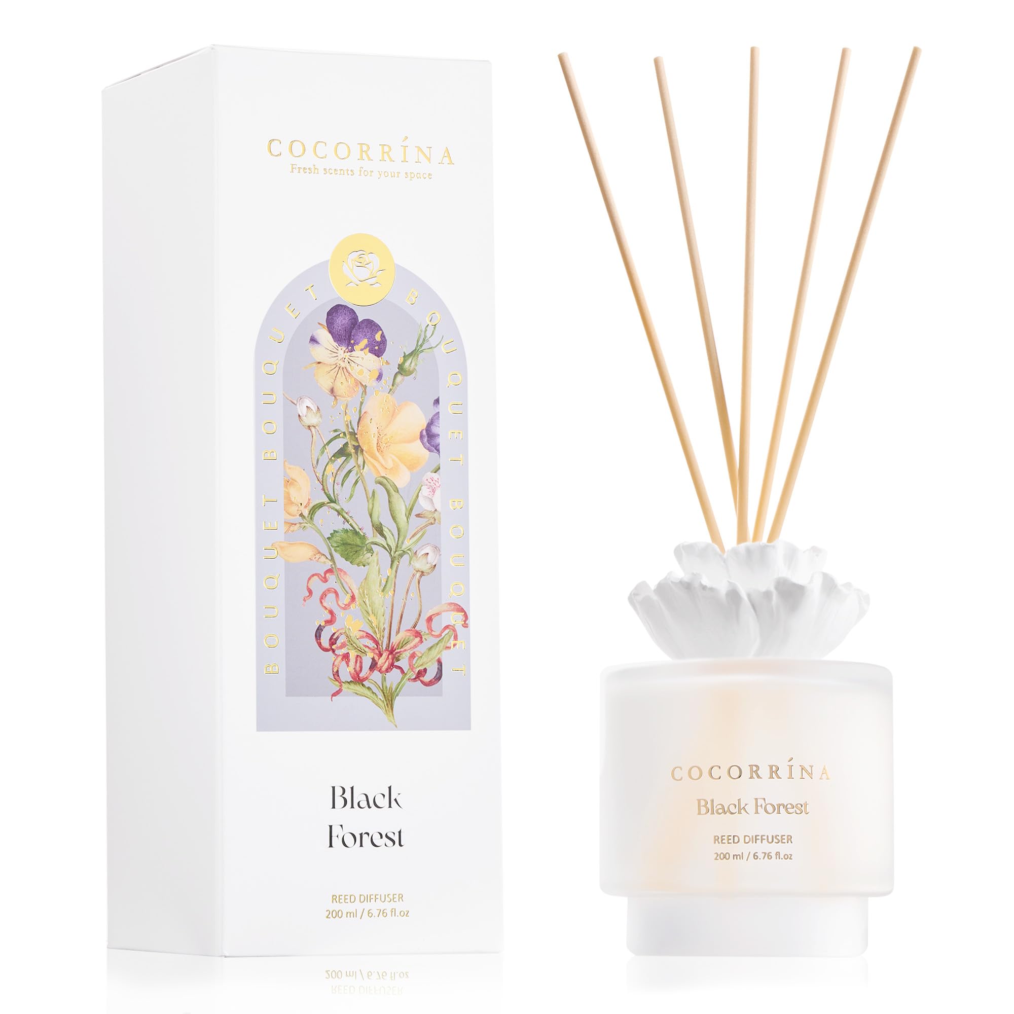 COCORRÍNA Reed Diffuser Set with 8 Fragrance Sticks 200ml, Black Forest, Long-lasting, Home Fragrance for Bathroom, Living Room, Bedroom, Shelf Decoration (Gypsum Flower)