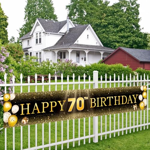 Image of TZSS Black & Gold 70th Birthday Banner Decorations - Extra Large 118 inchx20 inch Reusable Yard Sign for Men & Women, Over The Hill Party Decor Indoor Outdoor, Platinum Jubilee Celebration