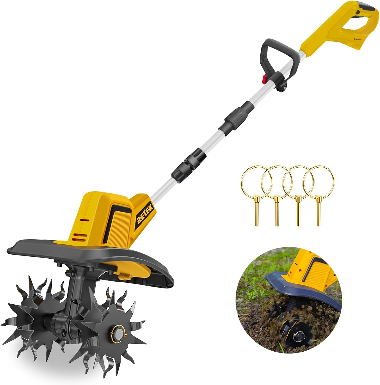 RETEK Adjustable Cordless Tiller, Compatible with Dewalt 20V Battery(Tool Only), 360RPM Electric Garden Tiller, 9.06In Tilling Width & 7.09In Depth, Portable Tiller for Flower Beds/Plant Cultivation